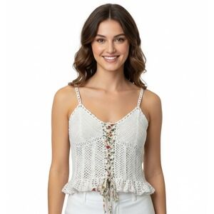 VTG Khaki Sport Crochet Top Womens S Pointelle Coquette Fairycore Cottagecore